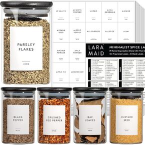 459 Minimalist Spice Jar Label Set, Black Text on White Vinyl Waterproof Label Sticker - Fits on Round, Square and Rectangle Glass Jars - Organize Kitchen and Pantry