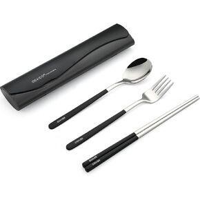 DEVICO Portable Travel Utensils with Case, Reusable Camping Silverware for Lunch, 18/8 Stainless Steel Cutlery Set (Black)