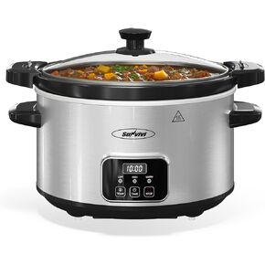 4QT Programmable Slow Cooker with Removable Ceramic Pot, Locking Lid, 3 Heating Settings & Timer, Dishwasher-Safe, Stainless Steel Silver