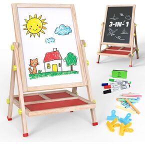Joyooss Art Easel for Kids, Double-Sided Magnetic Easel for Children with Whiteboard & Chalkboard, Deluxe Standing Easel for Toddler with Paper Roll & Painting Accessories Painting Station for Kids