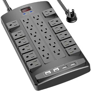 Surge Protector Power Strip - QINLIANF 6Ft Flat Plug Heavy Duty Extension Cord with 24 Outlets and 4 USB Ports(2 USB-C Ports), 1875W/15A, 4100J, for Home, Office, Dorm, ETL Listed, Black