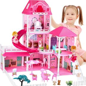 Doll House for Girls,10 Rooms Dollhouse with Dolls Figure, Puppies,Furnitures, Accessories, Kids Playhouse for for 3 4 5 6 7 8 9 10 Year Old