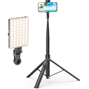 TONEOF 66" Automatic Tripod Bundle with 60 LED Selfie Light Black with 1/4" Screw & Clip for Live Streaming/Recording Video/Makeup, Compatible with 4-7" Phones