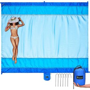 PTEROMY Beach Blanket Waterproof Sandproof, Extra Large Beach Mat with Storage Bag, Quick Drying Lightweight, 6 Stakes, Beach Accessories for Picnic, Travel (9x10 FT, Blue)