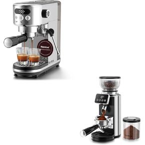 Neretva 20 Bar Espresso Machine, Super Compact Espresso Maker with LED Display & Milk Frother for Home Barista&2 in 1 Stainless Steel Coffee Grinder Burr with Portafilter Cradle