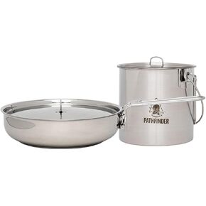 The Pathfinder School Stainless Steel Folding Skillet & Lid + Bush Pot & Lid Set – Durable Outdoor Cookware for Camping, Bushcraft, Survival, Hiking, & Backpacking Essentials