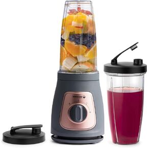 Holstein Housewares Personal Blender – 25 oz Travel Jar, Two-Speed Knob with Pulse, Stainless Steel Blades, Compact & Portable, Cool Grey/Rose Gold