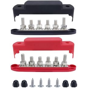 250A 12V Bus Bar Marine Power Distribution Terminal Block with Cover with 6 x 5/16" M8 Posts (Black) 12V-48V Negative for Suitable for Power Supply Systems of Cars, RVs, Ships, Yachts, etc.