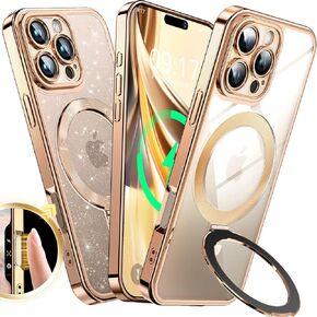 [Never Yellows+CD Ring with Glitter Card fit for MagSafe Stand]Magnetic for iPhone 16 Pro Max Case with Camera Lens Protection, Clear Shiny Slim Case for iPhone 16 ProMax Women Girls, Desert Titanium