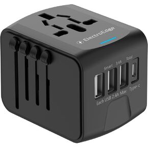 Universal Travel Adapter with 3USBA + 1USBC Port, All-in-1 Worldwide Travel Adapter | European to UK Plug Adaptor | International Travel Plug Adapter for US/EU/AUS/UK