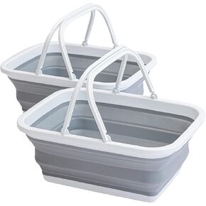YETO Collapsible Sink 2 Pack Outdoor Camping Picnic Basket 8L/2Gal Lightweight Portable Foldable Dish Washing Basin/Bucket with Sturdy Handle for Outdoor Camping, Washing, Storage, Grey