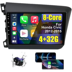 4+32G 8 Core Car Radio Stereo for Honda Civic 2012 2013 2014 2015 with Wireless CarPlay/Android Auto, 9'' HD Touchscreen Android Car Stereo with AM/FM/RDS Backup Camera Bluetooth WiFi GPS SWC