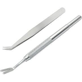 Tick Remover Tool Set for Pets Dogs and Cats- Includes 1Pcs Stainless Steel Tick Removal Fork and 1 Pcs Right Angle Tweezer