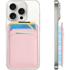MagSafe Compatible Phone Case Wallet, Slim Pink Faux Leather Magnetic Card Holder for iPhone 12/13/14/15 Series, 5 Card Slots, RFID Blocking