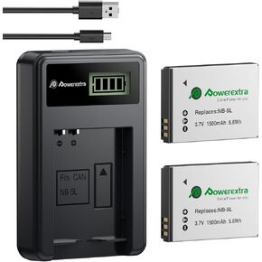 Powerextra NB-5L Battery(2 Pack 1500mAh) and Smart LCD Display Charger for Canon PowerShot SD880 IS,990 IS,950 IS,790 IS,870 IS,900 IS,800IS,860IS,890 IS,970 IS,850 IS,700 IS,SX230 HS,220 IS,S110,S100
