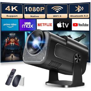 [Built-in App] Mini Projector 1080P Full HD, 4K Projector with 180° Rotation, Portable Projector WiFi 6 & Bluetooth 5.2 Support,Featuring Auto Keystone Correction,HDMI/USB Connectivity Projector Black