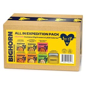 Bighorn Mountain Food - All in Expedition Pack - يحتوي على 6 أكياس | 12 حصص | البروتين 211G | 3،830 سعرة حرارية - وجبات تجميد متميزة - تشمل 1 كل من المقبلات الستة لدينا و 1 Coozie المعزول