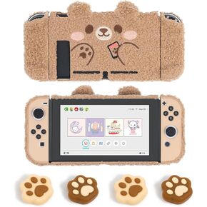 GeekShare Plush Bear Switch Protective Case & Cat Paw Thumb Grip Caps Compatible with Nintendo Switch