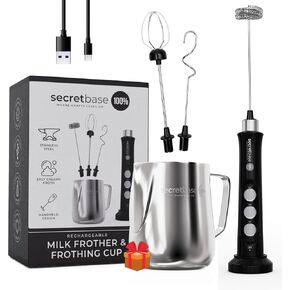 Secretbase 3 Speed Rechargeable Milk Frother Handheld, USB Charging Cradle - Stainless Steel Whisk for Bulletproof Coffee, Espresso Whipper, Mini Electric Stirrer (Black Frother without Pitcher)