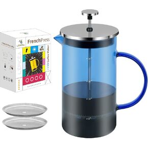 L'PICA French Press Coffee Maker 34 oz, Colored Glass French Press, Heat Resistant Borosilicate Glass Coffee Maker with 3 Filters (Blue)
