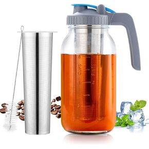 Cold Brew Coffee Maker, 64 oz Wide Mouth Thick Glass Mason Jar with Stainless Steel infuser for Iced Coffee, Fruit Drinks