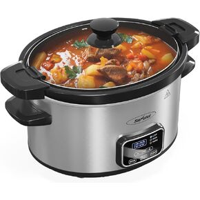 Sunvivi 4qt Slow Cooker, Programmable Slow Cooker with Locking Lid, Removable Ceramic Pot, 3 Heating Settings & Time Control, Mini Food Warmer with Dishwasher-safe Lid & Pot, Silver