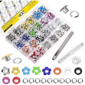 400 Sets 3/16 Inch Flower & Round Eyelet Grommets Kit, Mixed Colors Round Metal Eyelets Flowers Grommets Scrapbooking Eyelets with Installation Tools for Fabric Clothing Shoes Leather Crafts