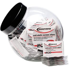 Innovera Antistatic Screen Cleaning Wipes, 1-Ply, 4.75 x 7.25, Unscented, White, 200 Sachets, Fishbowl Container with Black Top
