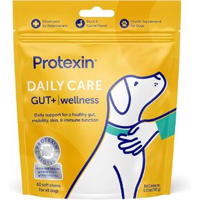Protexin Daily Care Gut+ Wellness، 60 قطعة مضغ مكملة للبروبيوتيك وما بعد الحيوية للكلاب - بنكهة البط والجزر