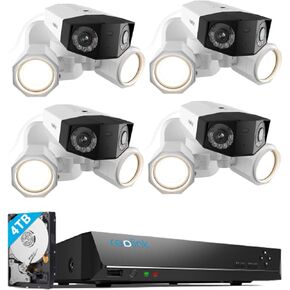 REOLINK 4K PoE Security Camera System, 4X Duo Floodlight PoE IP Camera in 180° Ultra-Wide Angle Bundle 1x 16ch NVR with Built-in 4TB HDD, 1800 Lumen Floodlight, Advanced AI Detection