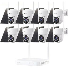 Kittyhok Wireless Solar Security Camera System | 8pcs 2K Ultr Pan Tilt Outdoor Solar Security Camera with Human Detection, Spotlight | 10CH Smart NVR, 40 Days Local Storage, 0 Monthly Fee