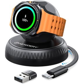 NEWDERY Retractable Wireless Charger Stand for Galaxy Watch 7,USB C Charging Cable with USB A Adapter,Magnetic Charging Station for Samsung Watch 6 Classic 5 Pro 4 3 Active 2 1