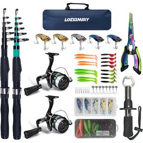 Fishing Rod Reel Set, 2PCS 2.1m/6.89ft Collapsible Fishing Rods + 2PCS Spinning Reels + Fishing Lures Hooks + Carrier Bag + Fishing Pliers Fish Lip Gripper for Travel Saltwater Freshwater Beginner