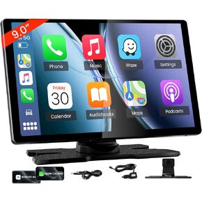 9.0'' Wireless Carplay Screen for Car, Portable Car Stereo with Apple Carplay & Android Auto, Car Audio Receivers with GPS Navigation, Mirror Link, Screen for All Vehicles(No Camera)