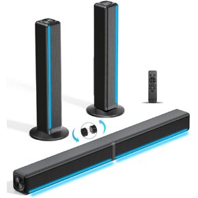 TV Sound Bar, Soundbar with RGB LED Lights & 2.1CH Bluetooth Speaker Surround System, 180W Surround Sound, AUX/Optical/HDMI ARC Home Theater Speaker, 2 in 1 Detachable for Smart TV/Projector/Gaming/PC