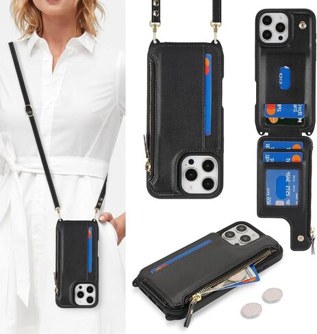 Cavor for iPhone 16 Pro Max Case with Card Holder,for iPhone 16 Pro Max Wallet Case for Women,Phone Case for 16 Pro Max Case with Strap,Crossbody Lanyard and Wristlet Zipper Pocket Case-Black in Kuwait