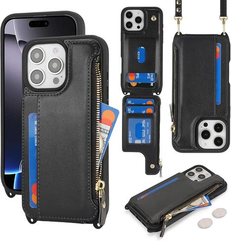 Cavor for iPhone 16 Pro Max Case with Card Holder,for iPhone 16 Pro Max Wallet Case for Women,Phone Case for 16 Pro Max Case with Strap,Crossbody Lanyard and Wristlet Zipper Pocket Case-Black in Kuwait