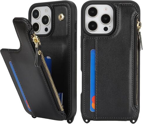 Cavor for iPhone 16 Pro Max Case with Card Holder,for iPhone 16 Pro Max Wallet Case for Women,Phone Case for 16 Pro Max Case with Strap,Crossbody Lanyard and Wristlet Zipper Pocket Case-Black in Kuwait