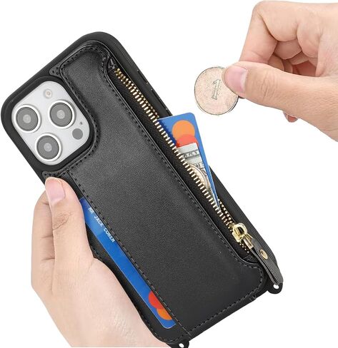 Cavor for iPhone 16 Pro Max Case with Card Holder,for iPhone 16 Pro Max Wallet Case for Women,Phone Case for 16 Pro Max Case with Strap,Crossbody Lanyard and Wristlet Zipper Pocket Case-Black in Kuwait
