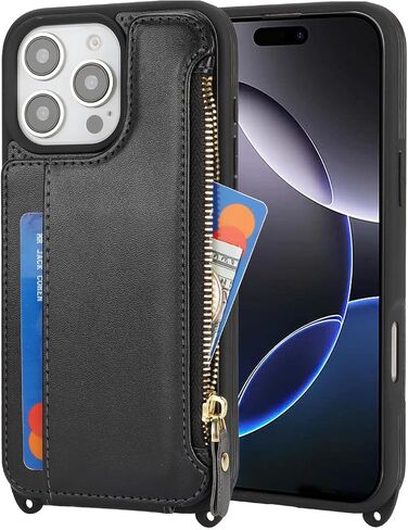 Cavor for iPhone 16 Pro Max Case with Card Holder,for iPhone 16 Pro Max Wallet Case for Women,Phone Case for 16 Pro Max Case with Strap,Crossbody Lanyard and Wristlet Zipper Pocket Case-Black in Kuwait