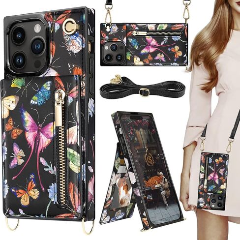 HOGGU Comptible for iPhone 14 Pro Max Case Wallet with Card Holder, Floral Leather Case with Crossbody Strap, Phone Case for Women Girls-Butterfly in Saudi Arabia