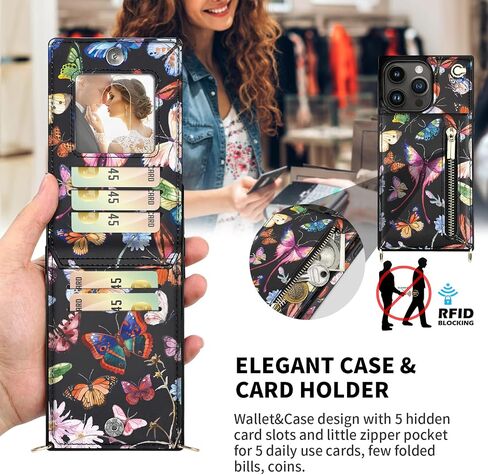 HOGGU Comptible for iPhone 14 Pro Max Case Wallet with Card Holder, Floral Leather Case with Crossbody Strap, Phone Case for Women Girls-Butterfly in Saudi Arabia