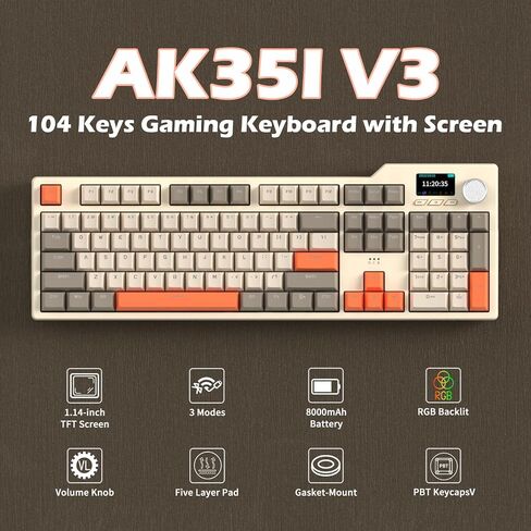 NACODEX AK35I V3 104 KEYS RGB GASKT MOUNT MATTER Mechanical Keyboard | مذهلة 8000mAh Bluetooth /2.4g /سلكية ألعاب لوحة مفاتيح مخصصة مع خمس طبقة وسادة | التحكم في المقبض | ملف تعريف الكرز pbt keycaps in Saudi Arabia