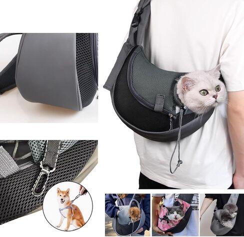 Dog Sling Carrier Puppy Carrier Purse with Storage Pocket,Hand Free Adjust Mesh Sling Bag for Cat Kitty,Crossbody Satchel Purse for Outdoor Travel Safety Harness（up to 10 lbs） (Grey, Medium) in Saudi Arabia