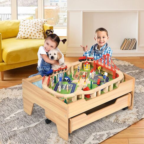 HONEY JOY Train Table, Wooden Kids Activity Table with 3 Storage Bins, 94 Multicolor Pieces, Tracks, Trains, Cars, Toddler Train Table Set with Reversible Tabletop, Gift for Boys Girls Age 3+ in Kuwait