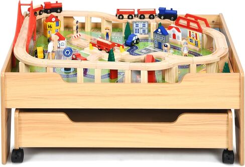 HONEY JOY Train Table, Wooden Kids Activity Table with 3 Storage Bins, 94 Multicolor Pieces, Tracks, Trains, Cars, Toddler Train Table Set with Reversible Tabletop, Gift for Boys Girls Age 3+ in Kuwait