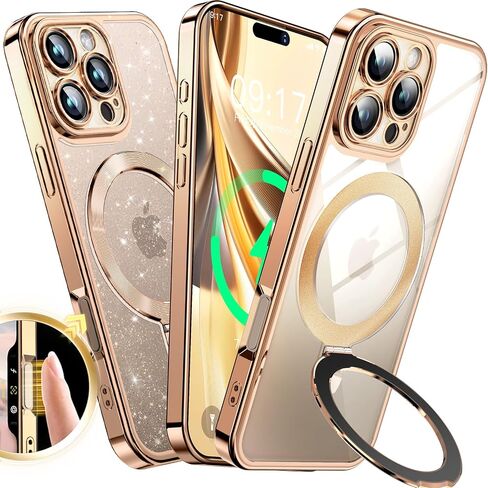 [Never Yellows+CD Ring with Glitter Card fit for MagSafe Stand]Magnetic for iPhone 16 Pro Max Case with Camera Lens Protection, Clear Shiny Slim Case for iPhone 16 ProMax Women Girls, Desert Titanium in Saudi Arabia