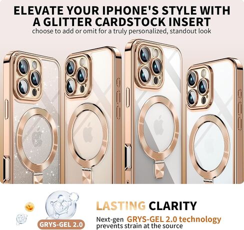 [Never Yellows+CD Ring with Glitter Card fit for MagSafe Stand]Magnetic for iPhone 16 Pro Max Case with Camera Lens Protection, Clear Shiny Slim Case for iPhone 16 ProMax Women Girls, Desert Titanium in Saudi Arabia