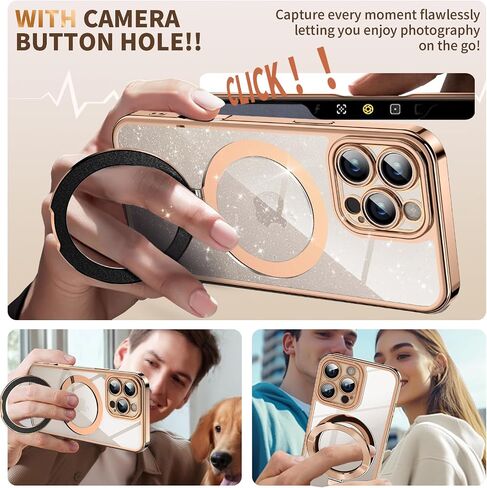 [Never Yellows+CD Ring with Glitter Card fit for MagSafe Stand]Magnetic for iPhone 16 Pro Max Case with Camera Lens Protection, Clear Shiny Slim Case for iPhone 16 ProMax Women Girls, Desert Titanium in Saudi Arabia