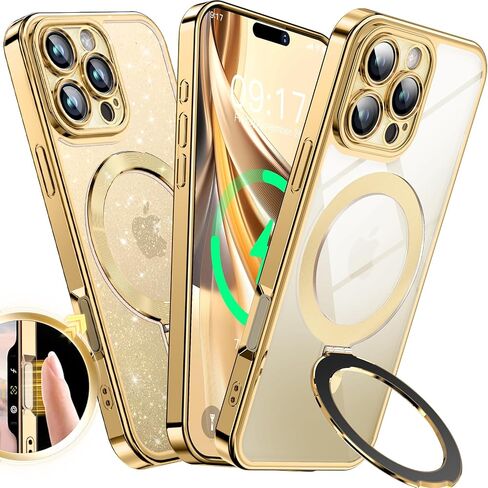 [Never Yellows+CD Ring with Glitter Card fit for MagSafe Stand]Magnetic for iPhone 16 Pro Max Case with Camera Lens Protection, Clear Shiny Slim Case for iPhone 16 ProMax Women Girls, Desert Titanium in Saudi Arabia